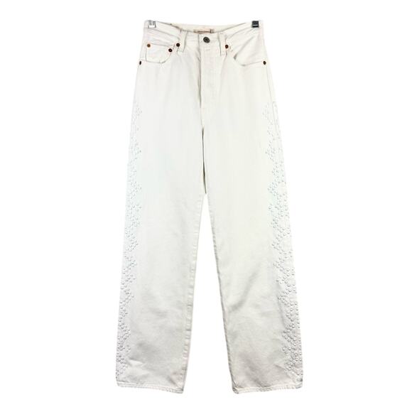 Levi's Studded Ribcage Straight White High Rise Jeans Size 24x29 Boho Festival - Picture 5 of 16